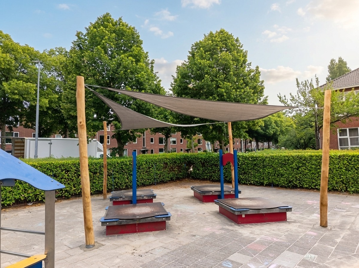 Grijs Sundo schaduwdoek boven een schoolplein met speeltoestellen
