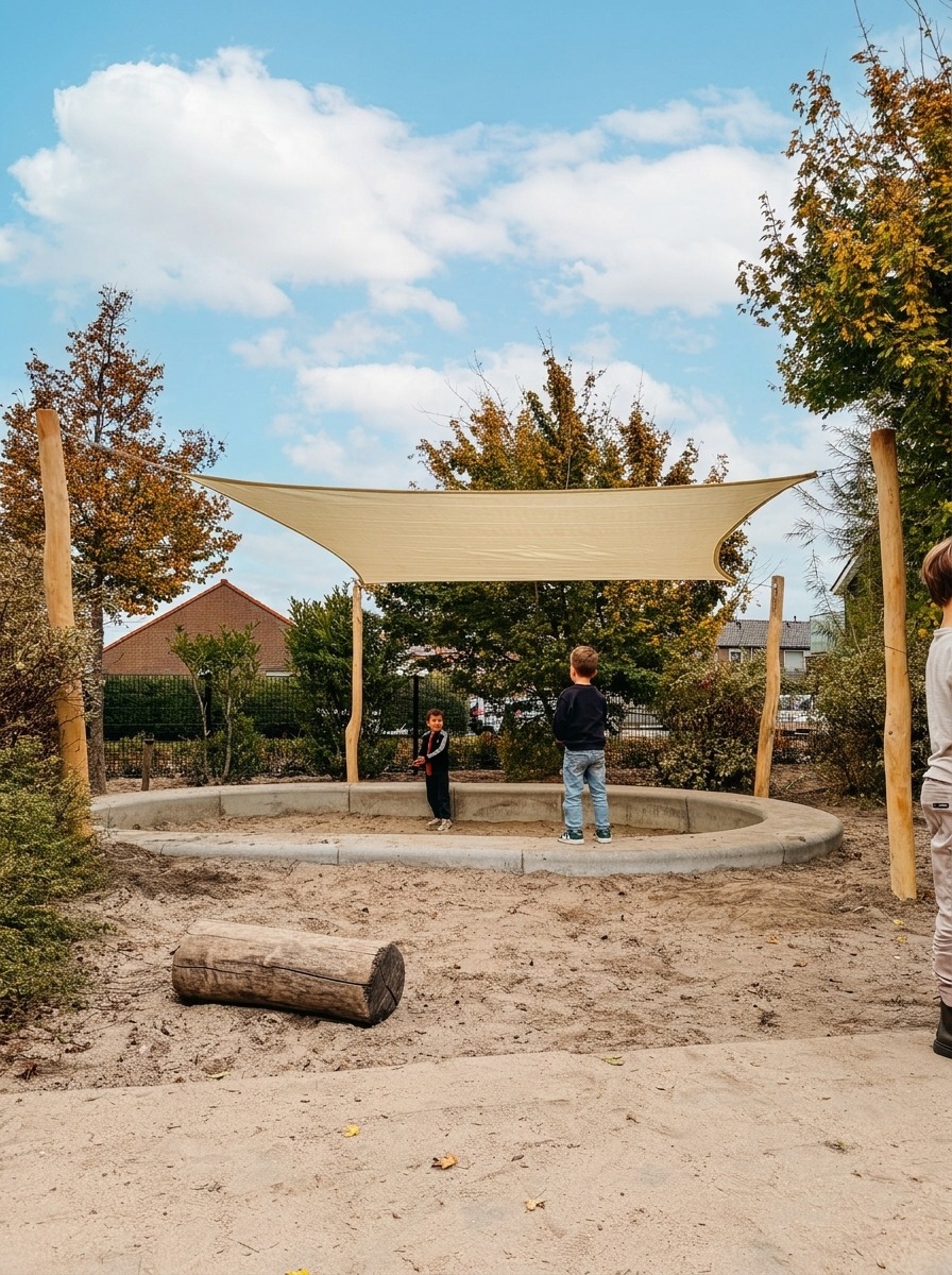 Zandkleurig Sundo schaduwdoek boven een ronde zandbak